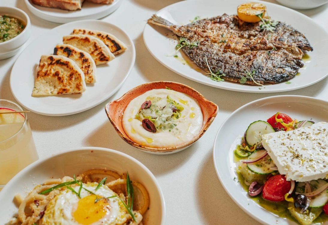 Traditional Greek gastronomy on a taverna table